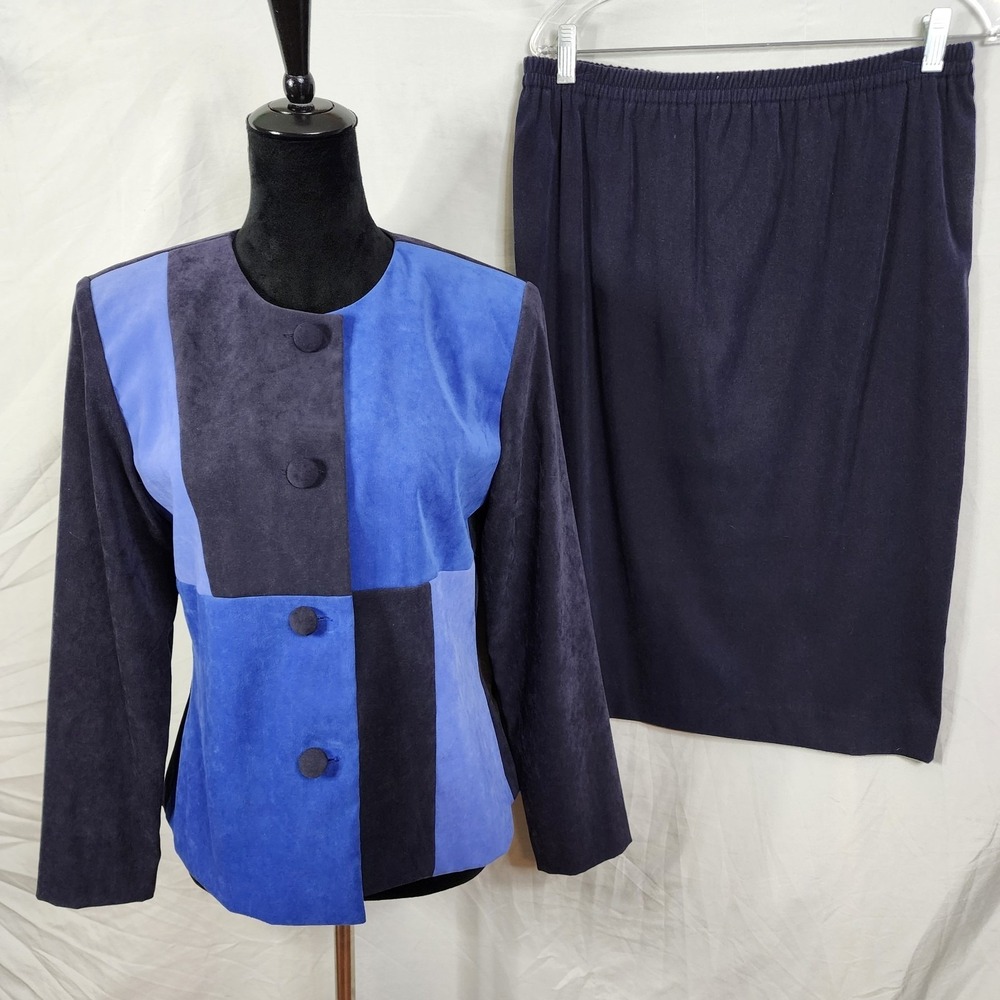 Vintage LESLIE FAY Size 8 Blue Colorblock 2pc Micro Suede Skirt Suit Collarless
